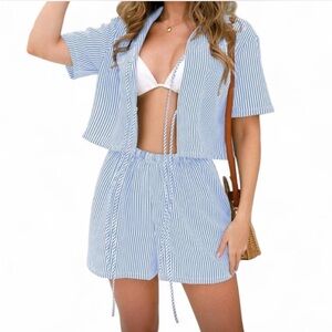 Striped Blue and White Two-Piece Set Cover Up